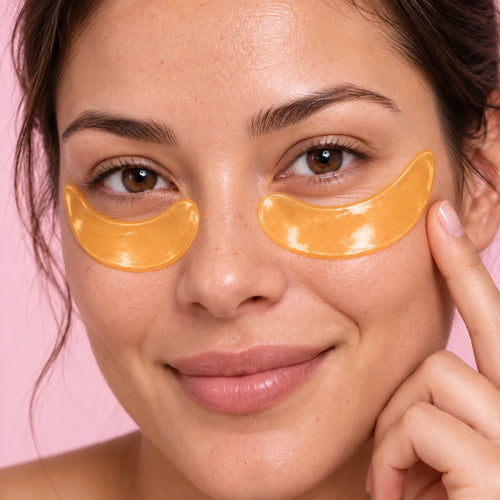 Wearing AcneEase gold collagen under-eye patches