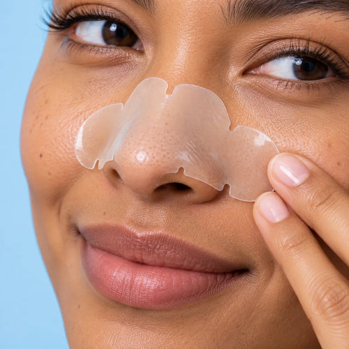 Smoothing an AcneEase hydrocolloid nose patch over the nose